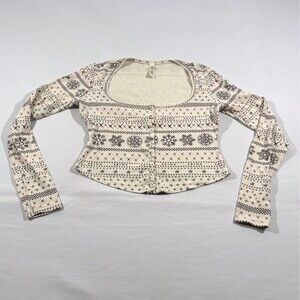 Skims Womens Beige Logo Pointelle Henley Pajama Top Crop Long Sleeve Stretch L